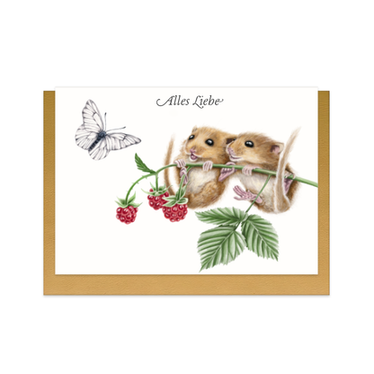 Grußkarte Haselmäuse und Himbeere – Alles Liebe, handgemaltes Naturmotiv