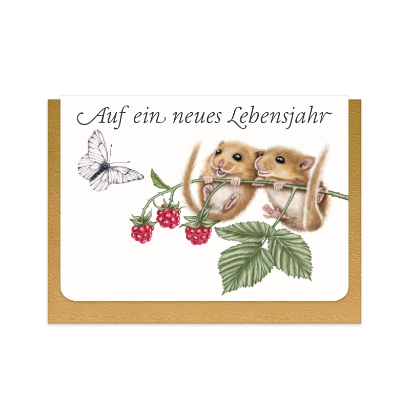 Geburtstagskarte Haselmäuse und Himbeere mit Schriftzug Auf ein neues Lebensjahr