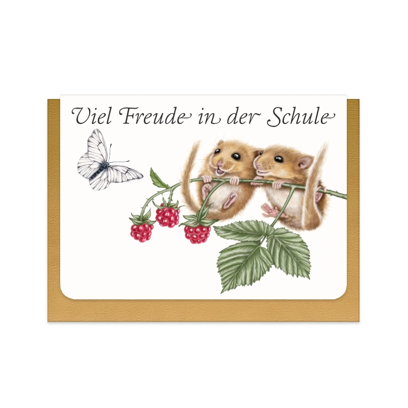 Einschulungskarte Haselmäuse und Himbeere mit Schriftzug Viel Freude in der Schule
