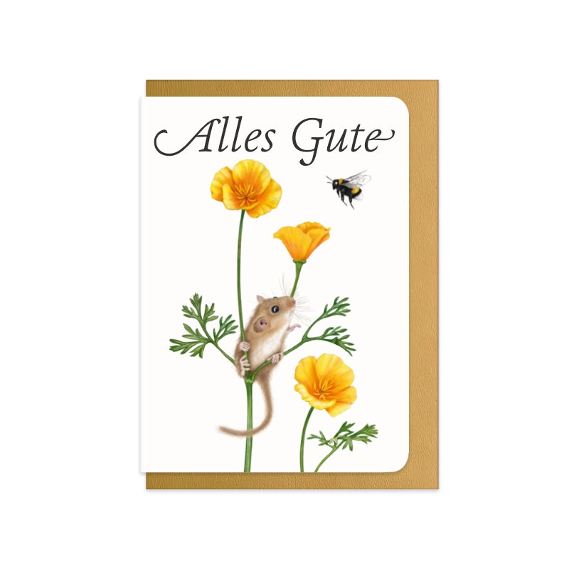 Abschiedskarte Haselmaus und Goldmohn mit Schriftzug Alles Gute