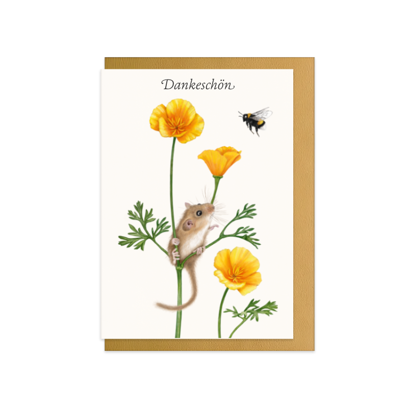 Dankeskarte Haselmaus und Goldmohn – Dankeschön, handgemaltes Naturmotiv