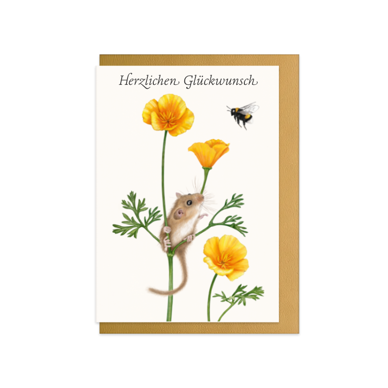 Glückwunschkarte Haselmaus und Goldmohn – Herzlichen Glückwunsch, handgemaltes Naturmotiv