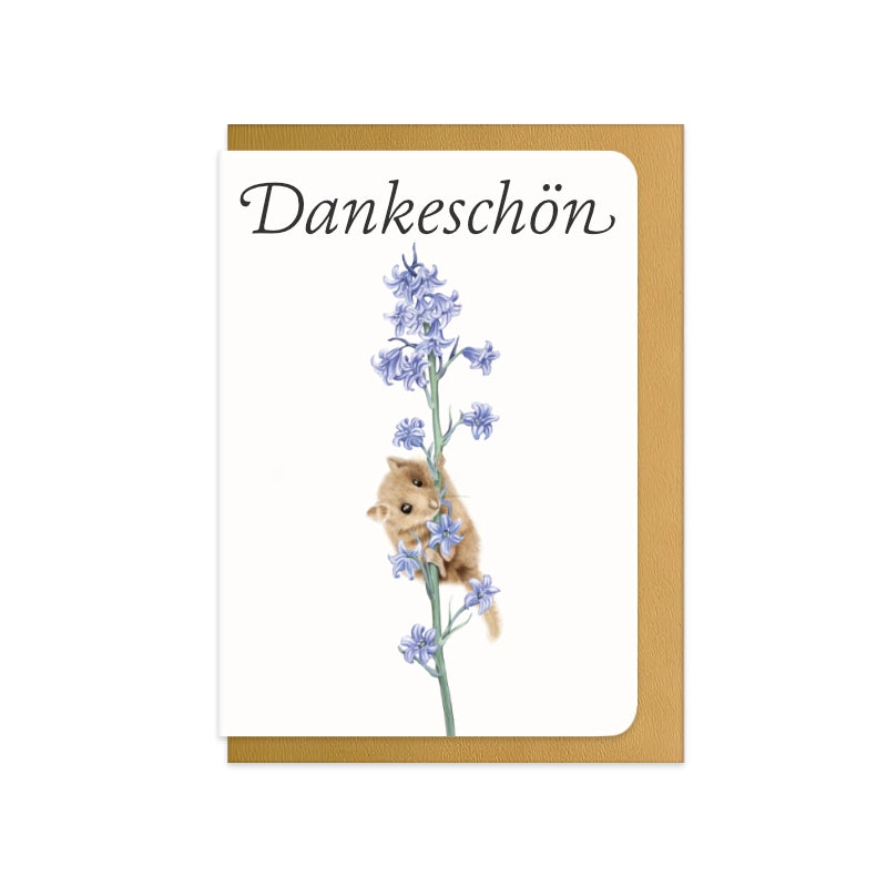 Dankeskarte Haselmaus und Hasenglöckchen mit Schriftzug Dankeschön