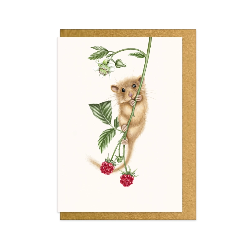 Grußkarte Haselmaus und Himbeere – A6-Klappkarte mit goldenem Umschlag