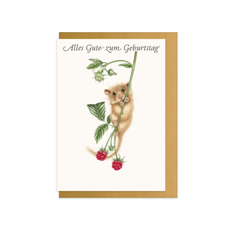 Geburtstagskarte Haselmaus und Himbeere – Alles Gute zum Geburtstag, handgemaltes Naturmotiv