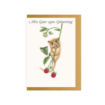 Geburtstagskarte Haselmaus und Himbeere – Alles Gute zum Geburtstag, handgemaltes Naturmotiv