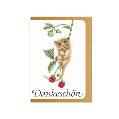 Dankeskarte zur Hochzeit Haselmaus und Himbeere mit Schriftzug Dankeschön