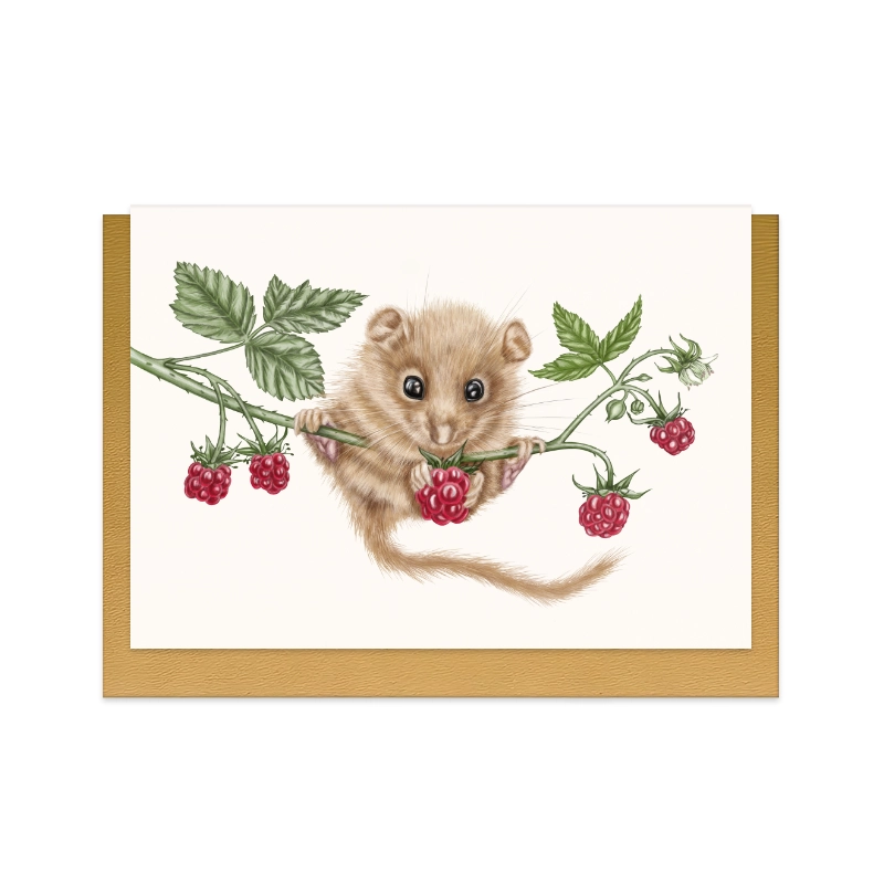 Handgemalte Grußkarte Haselmaus und Himbeere II mit goldenem Umschlag