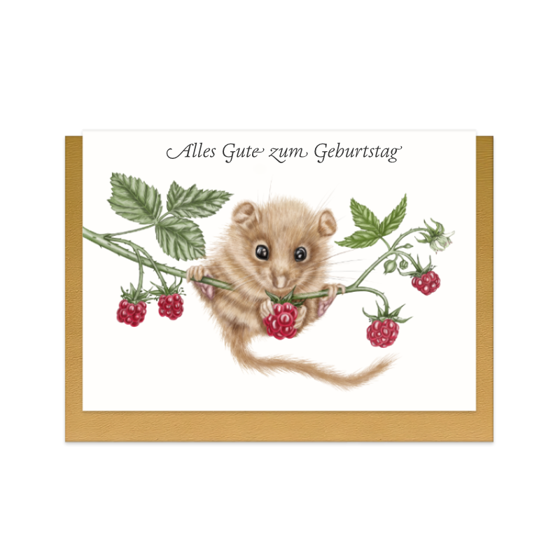 Geburtstagskarte Haselmaus und Himbeere II – Alles Gute zum Geburtstag, handgemaltes Naturmotiv