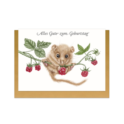 Geburtstagskarte Haselmaus und Himbeere II – Alles Gute zum Geburtstag, handgemaltes Naturmotiv