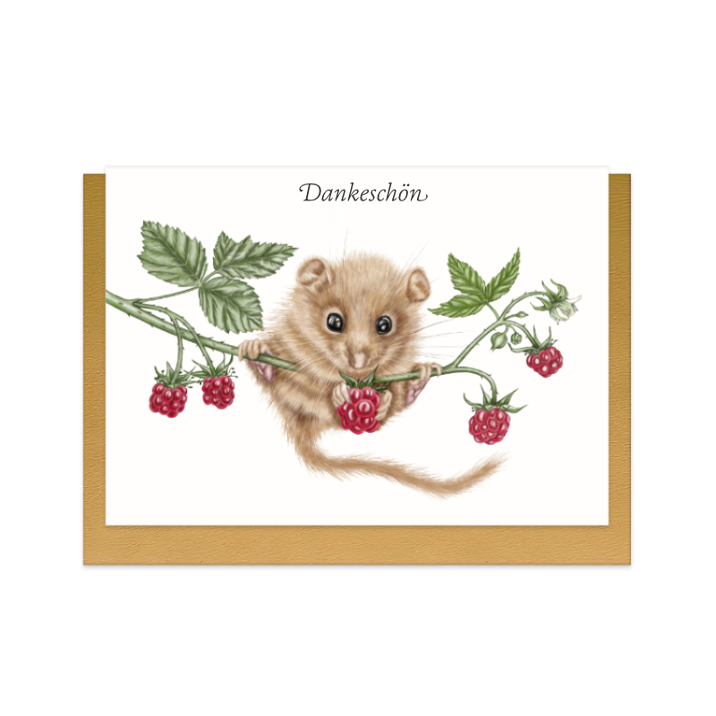 Dankeskarte Haselmaus und Himbeere II – Dankeschön, handgemaltes Naturmotiv