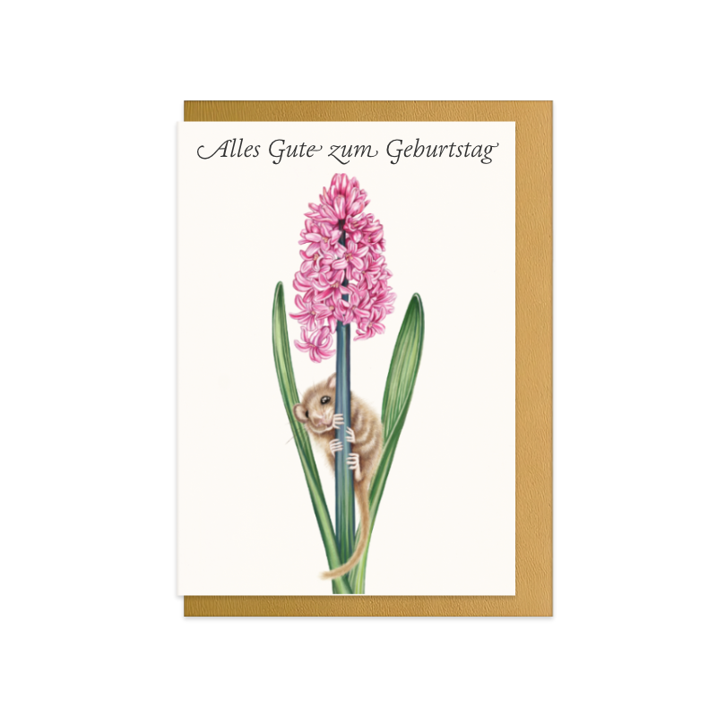 Geburtstagskarte Haselmaus und Hyazinthe – Alles Gute zum Geburtstag, handgemaltes Naturmotiv