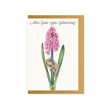 Geburtstagskarte Haselmaus und Hyazinthe – Alles Gute zum Geburtstag, handgemaltes Naturmotiv