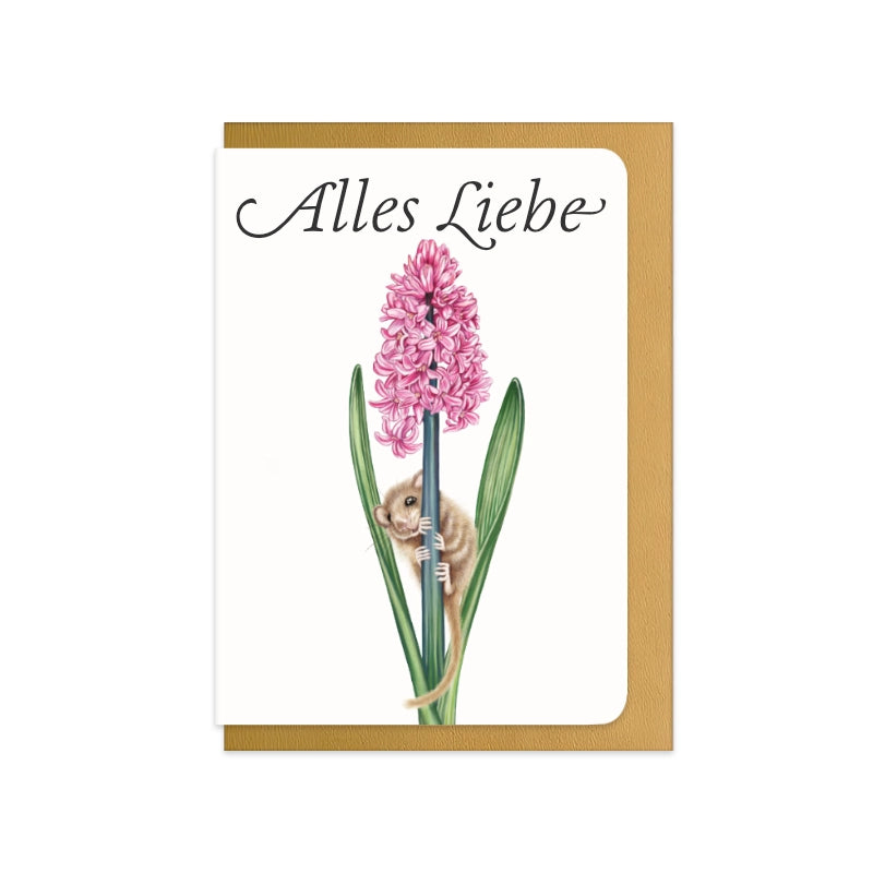 Muttertagskarte Haselmaus und Hyazinthe mit Schriftzug Alles Liebe