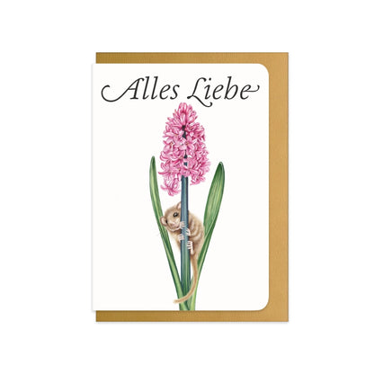 Muttertagskarte Haselmaus und Hyazinthe mit Schriftzug Alles Liebe