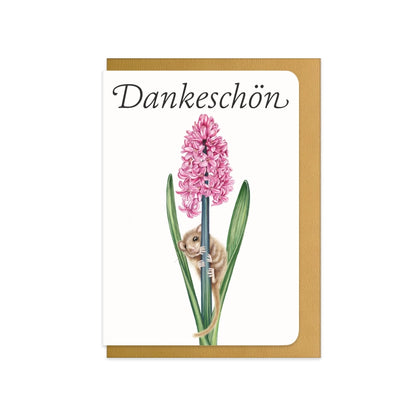 Dankeskarte zur Geburt Haselmaus und Hyazinthe mit Schriftzug Dankeschön