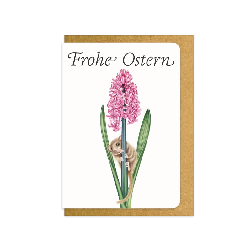 Osterkarte Haselmaus und Hyazinthe mit Schriftzug Frohe Ostern