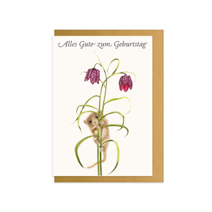 Geburtstagskarte Haselmaus und Schachbrettblume – Alles Gute zum Geburtstag, handgemaltes Naturmotiv