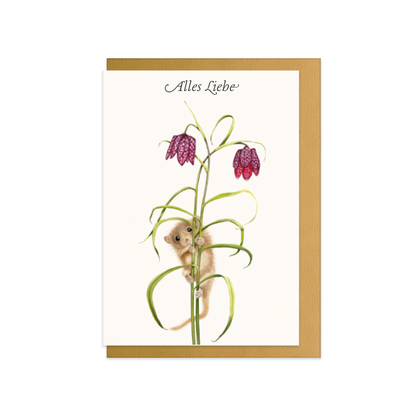 Grußkarte Haselmaus und Schachbrettblume – Alles Liebe, handgemaltes Naturmotiv