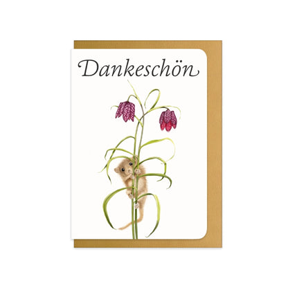 Dankeskarte Haselmaus und Schachbrettblume mit Schriftzug Dankeschön