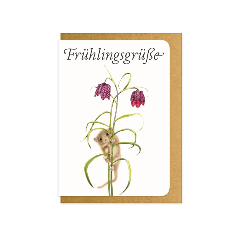Frühlingskarte Haselmaus und Schachbrettblume mit Schriftzug Frühlingsgrüße