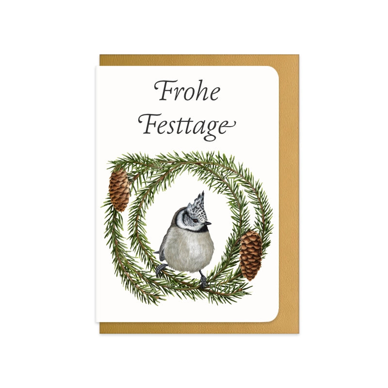 Weihnachtskarte Haubenmeise und Fichte mit Schriftzug Frohe Festtage