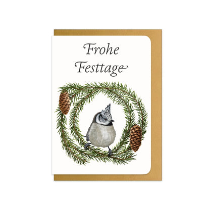 Weihnachtskarte Haubenmeise und Fichte mit Schriftzug Frohe Festtage
