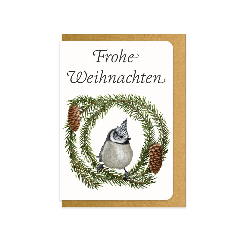 Weihnachtskarte Haubenmeise und Fichte mit Schriftzug Frohe Weihnachten