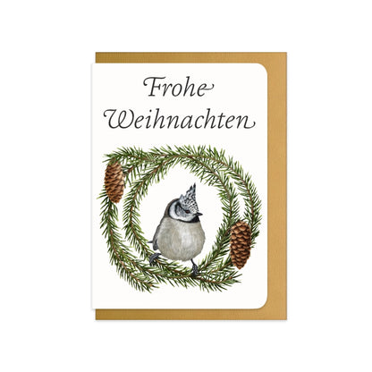Weihnachtskarte Haubenmeise und Fichte mit Schriftzug Frohe Weihnachten