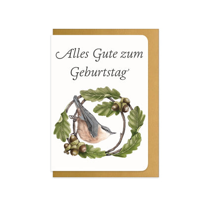 Geburtstagskarte Kleiber und Traubeneiche mit Schriftzug Alles Gute zum Geburtstag