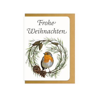 Weihnachtskarte Rotkehlchen und Kiefer mit Schriftzug Frohe Weihnachten