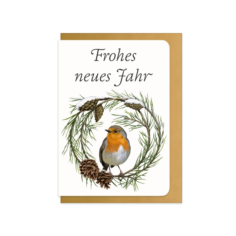 Neujahrskarte Rotkehlchen und Kiefer mit Schriftzug Frohes neues Jahr