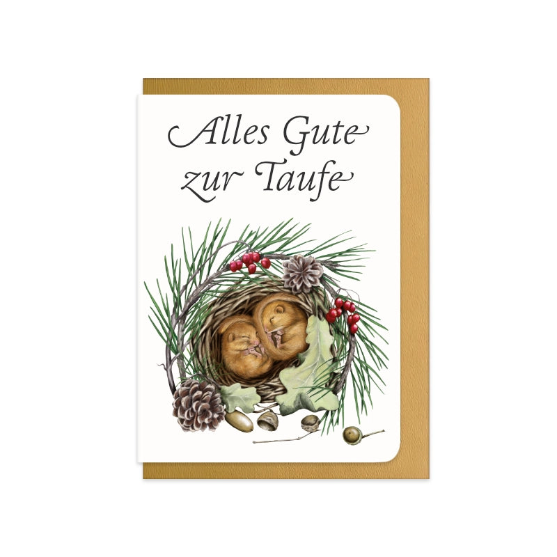 Taufkarte Schlafende Haselmäuse mit Schriftzug Alles Gute zur Taufe