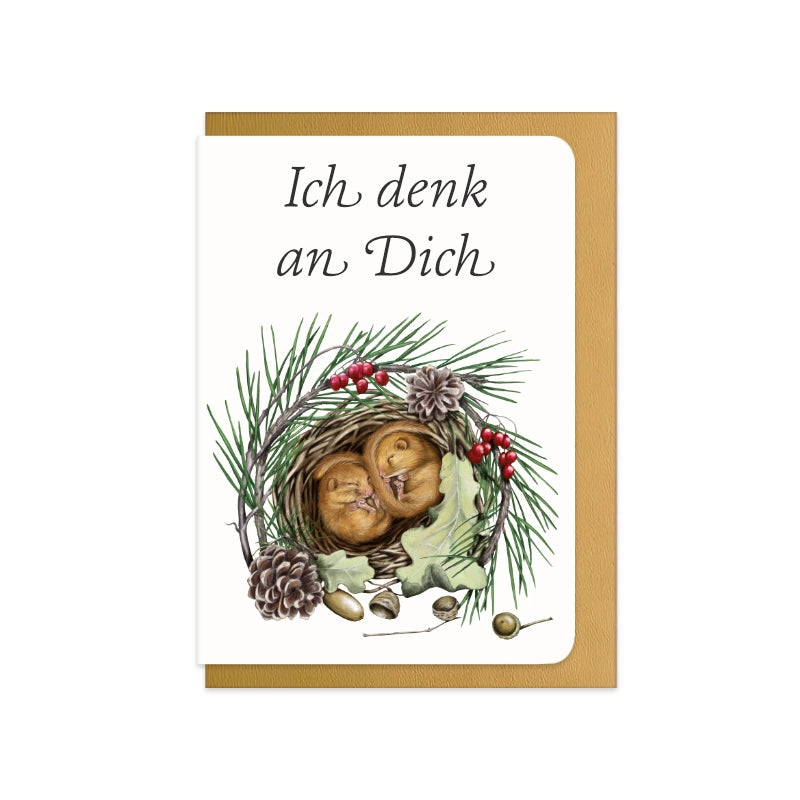 Grußkarte Schlafende Haselmäuse mit Schriftzug Ich denk an Dich