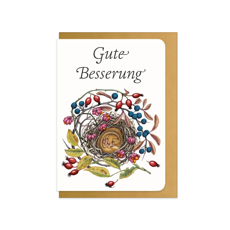 Genesungskarte Schlafende Haselmaus mit Schriftzug Gute Besserung