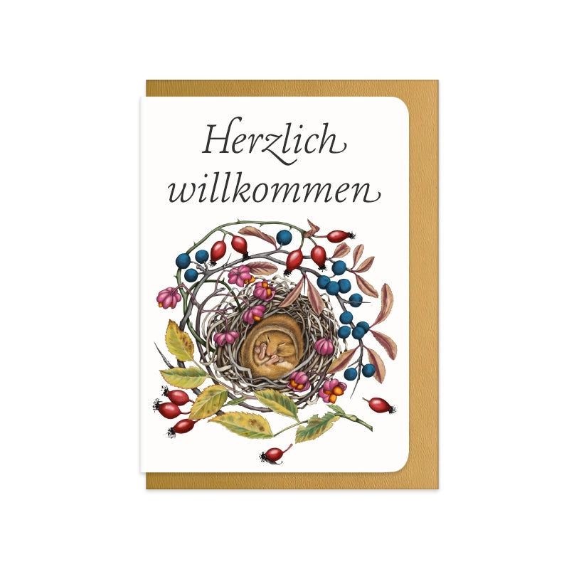 Karte zur Geburt Schlafende Haselmaus mit Schriftzug Herzlich willkommen