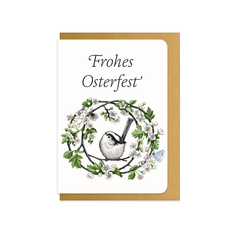 Osterkarte Schwanzmeise und Weißdorn mit Schriftzug Frohes Osterfest