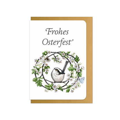 Osterkarte Schwanzmeise und Weißdorn mit Schriftzug Frohes Osterfest