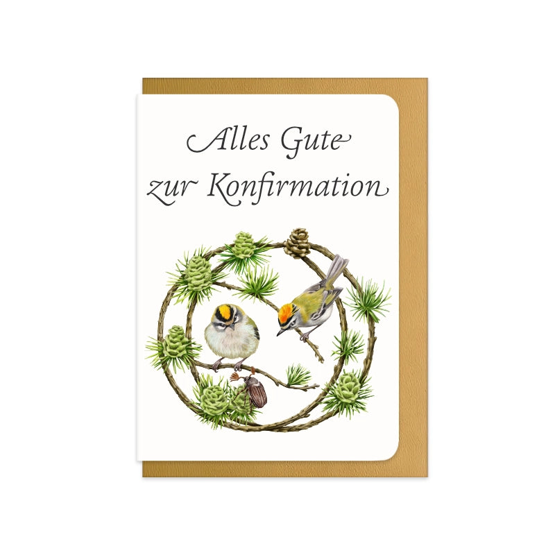 Konfirmationskarte Sommergoldhähnchen und Lärche mit Schriftzug Alles Gute zur Konfirmation