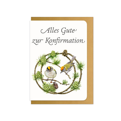 Konfirmationskarte Sommergoldhähnchen und Lärche mit Schriftzug Alles Gute zur Konfirmation