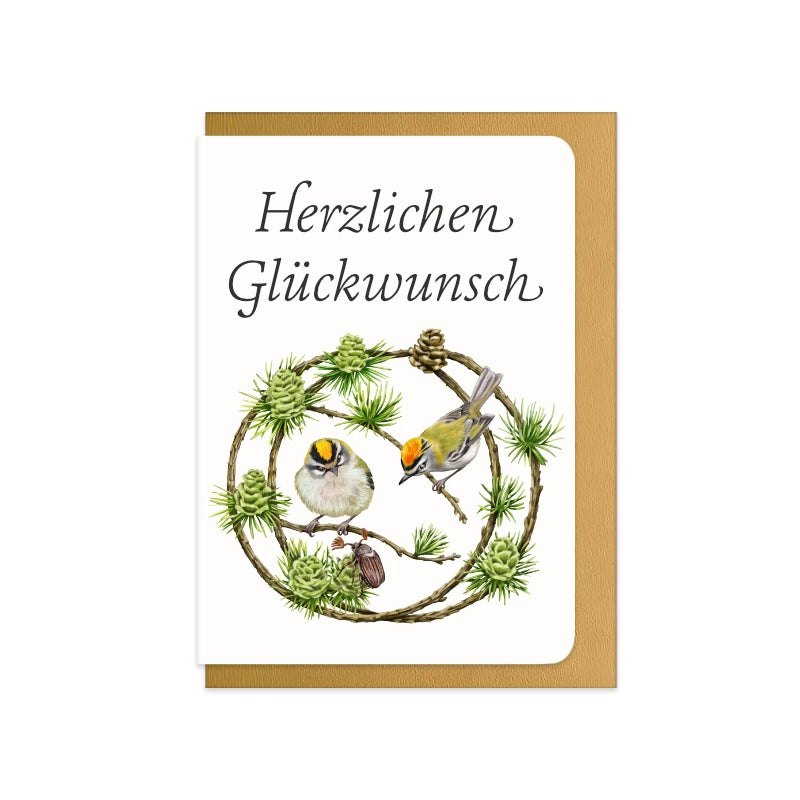 Glückwunschkarte Sommergoldhähnchen und Lärche mit Schriftzug Herzlichen Glückwunsch