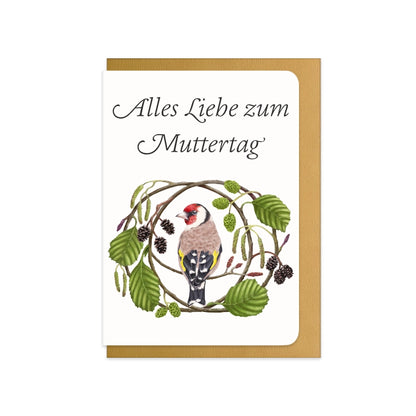 Muttertagskarte Stieglitz und Schwarzerle mit Schriftzug Alles Liebe zum Muttertag