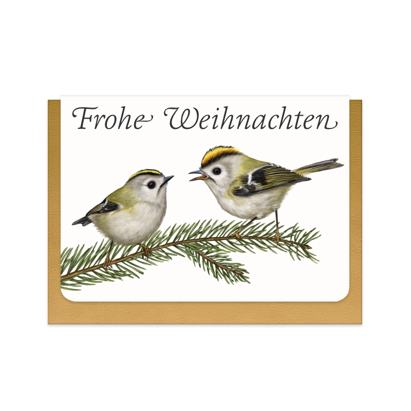 Weihnachtskarte Wintergoldhähnchen und Fichte mit Schriftzug Frohe Weihnachten