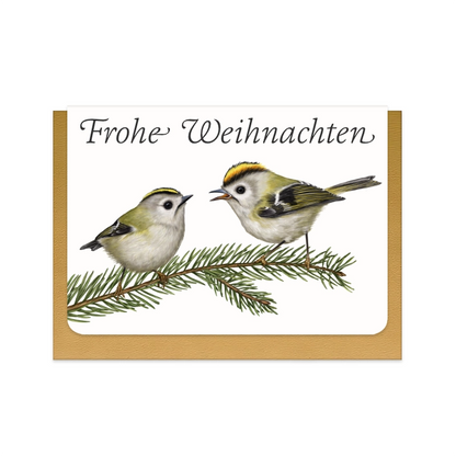 Weihnachtskarte Wintergoldhähnchen und Fichte mit Schriftzug Frohe Weihnachten