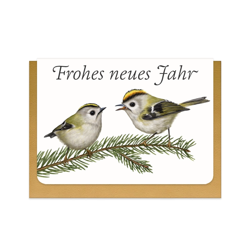 Neujahrskarte Wintergoldhähnchen und Fichte mit Schriftzug Frohes neues Jahr