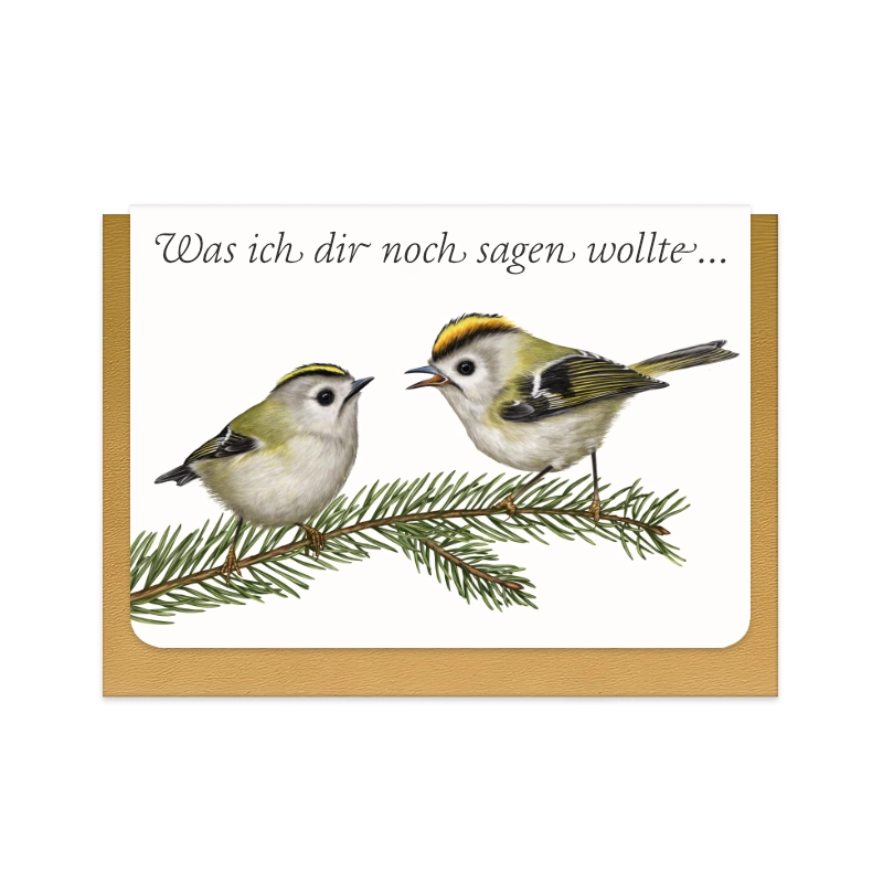 Grußkarte Wintergoldhähnchen und Fichte mit Schriftzug Was ich dir noch sagen wollte