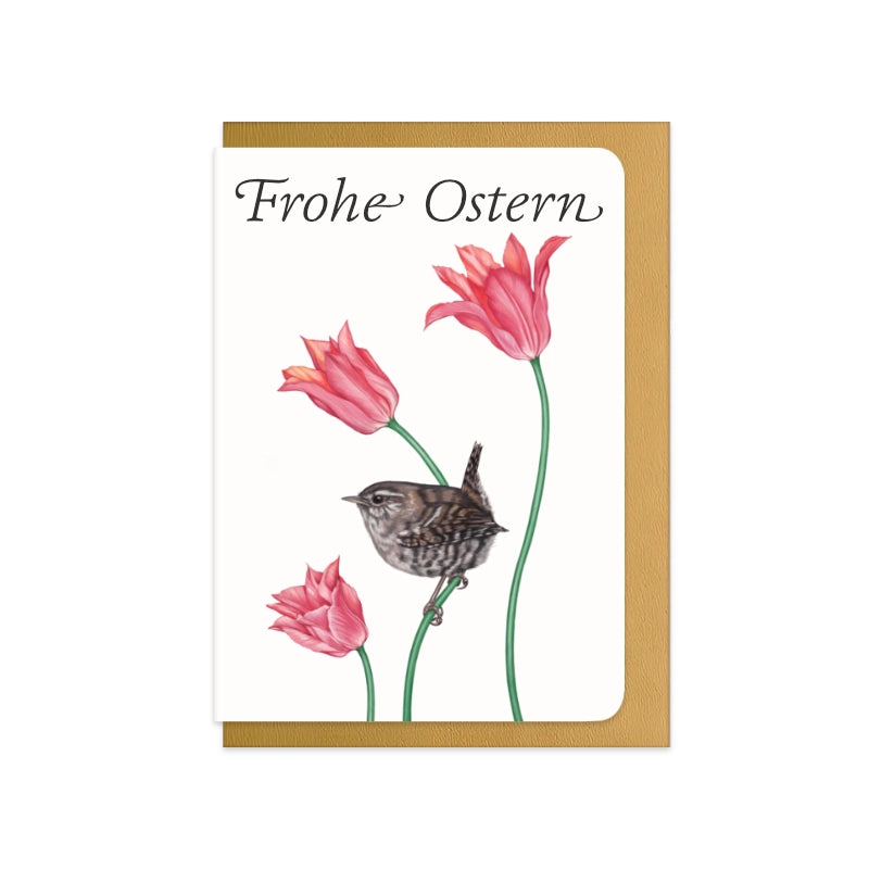 Osterkarte Zaunkönig mit Schriftzug Frohe Ostern