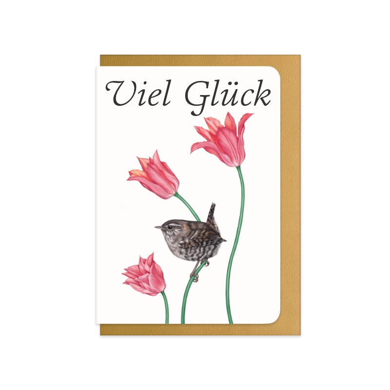 Glückskarte Zaunkönig mit Schriftzug Viel Glück