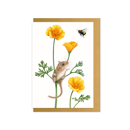 Grußkarte Haselmaus und Goldmohn