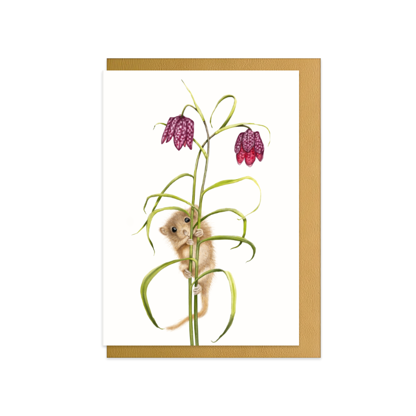Grußkarte Haselmaus und Schachbrettblume